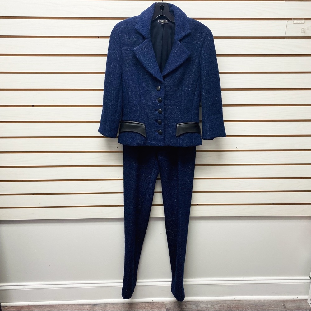 Douglas Hannant Two Piece Blue and Black Leather Detail Suit Set